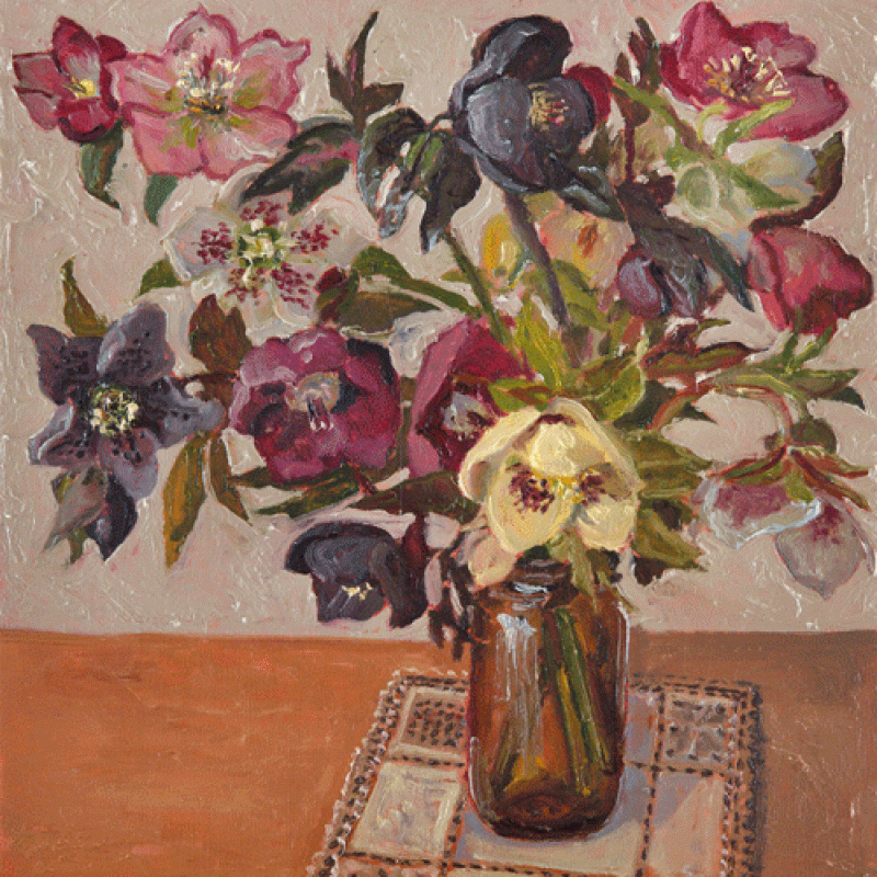 Hellebores, brown jar